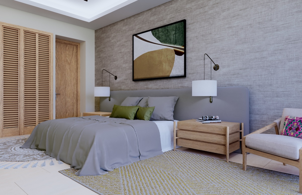 Bedroom of a suite at Legacy Resort, Vidanta Riviera Maya, featuring contemporary design in gray tones with olive green accents